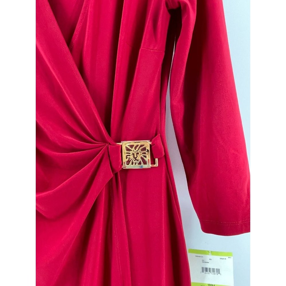 NWT Anne Klein Women's Long Sleeve Red V Neck Party Wrap Dress Size 4 - Picture 3 of 12